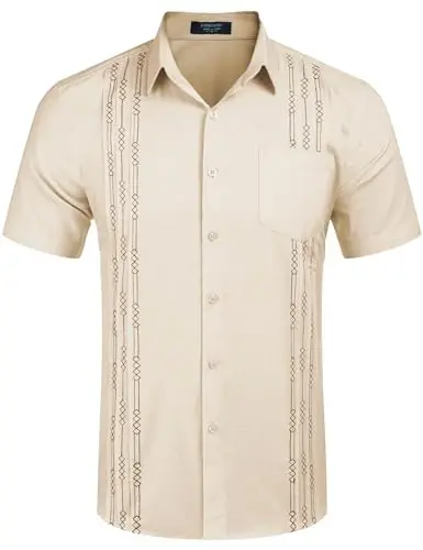 COOFANDY Mens Cuban Guayabera Shirt Short Sleeve Linen Button Down Shirts Casual Summer Beach Tops - 4