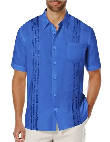 COOFANDY Mens Cuban Guayabera Shirt Short Sleeve Linen Button Down Shirts Casual Summer Beach Tops 
