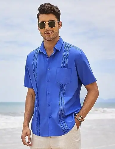 COOFANDY Mens Cuban Guayabera Shirt Short Sleeve Linen Button Down Shirts Casual Summer Beach Tops - 2