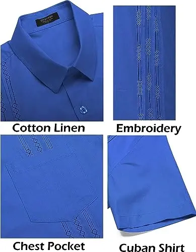 COOFANDY Mens Cuban Guayabera Shirt Short Sleeve Linen Button Down Shirts Casual Summer Beach Tops - 5