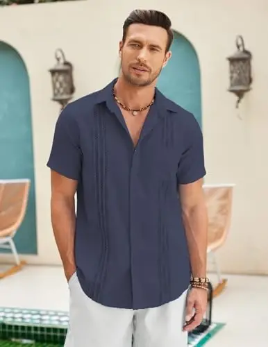 COOFANDY Mens Cuban Guayabera Shirt Short Sleeve Linen Button Down Shirts Casual Summer Beach Tops - 2