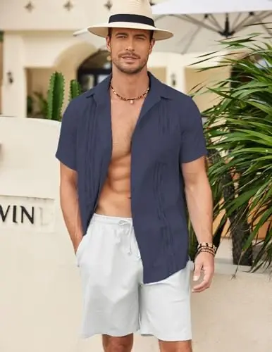 COOFANDY Mens Cuban Guayabera Shirt Short Sleeve Linen Button Down Shirts Casual Summer Beach Tops - 3