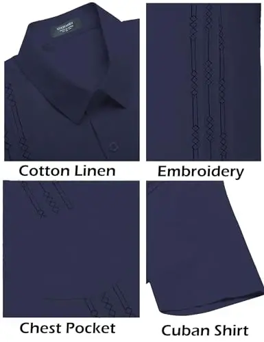COOFANDY Mens Cuban Guayabera Shirt Short Sleeve Linen Button Down Shirts Casual Summer Beach Tops - 5