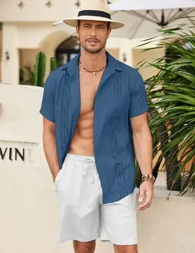 COOFANDY Mens Cuban Guayabera Shirt Short Sleeve Linen Button Down Shirts Casual Summer Beach Tops - 3
