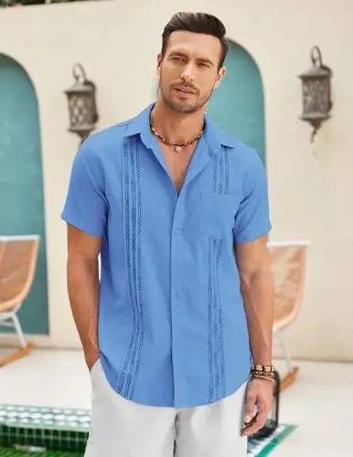 COOFANDY Mens Cuban Guayabera Shirt Short Sleeve Linen Button Down Shirts Casual Summer Beach Tops - COOFANDY (1)