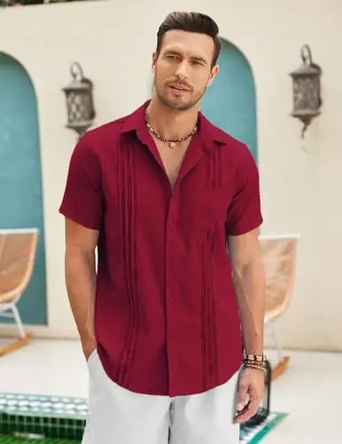 COOFANDY Mens Cuban Guayabera Shirt Short Sleeve Linen Button Down Shirts Casual Summer Beach Tops - 2