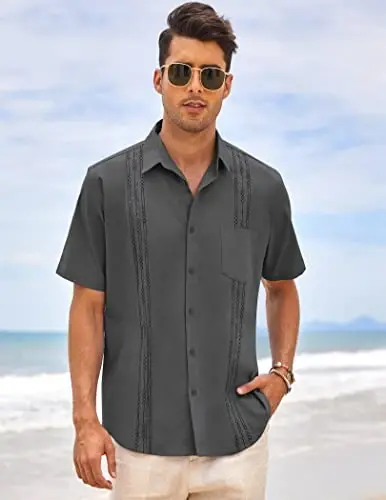 COOFANDY Mens Cuban Guayabera Shirt Short Sleeve Linen Button Down Shirts Casual Summer Beach Tops - COOFANDY (1)