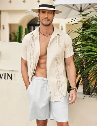 COOFANDY Mens Cuban Guayabera Shirt Short Sleeve Linen Button Down Shirts Casual Summer Beach Tops - COOFANDY (1)