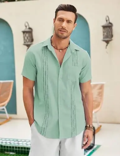 COOFANDY Mens Cuban Guayabera Shirt Short Sleeve Linen Button Down Shirts Casual Summer Beach Tops - COOFANDY (1)