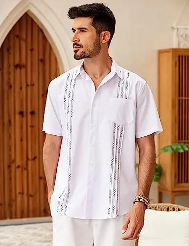 COOFANDY Mens Cuban Guayabera Shirt Short Sleeve Linen Button Down Shirts Casual Summer Beach Tops - COOFANDY (1)