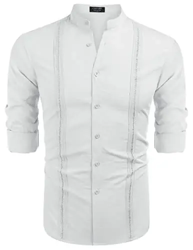 COOFANDY Men's Cuban Guayabera Shirts Casual Long Sleeve Button Down Shirts Band Collar Linen Summer Beach Shirts - 4