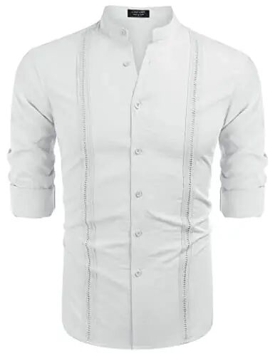 COOFANDY Men's Cuban Guayabera Shirts Casual Long Sleeve Button Down Shirts Band Collar Linen Summer Beach Shirts - 4
