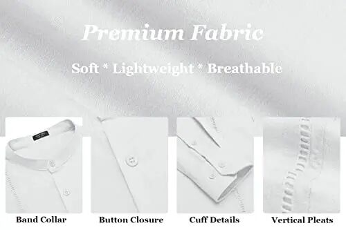 COOFANDY Men's Cuban Guayabera Shirts Casual Long Sleeve Button Down Shirts Band Collar Linen Summer Beach Shirts - 6