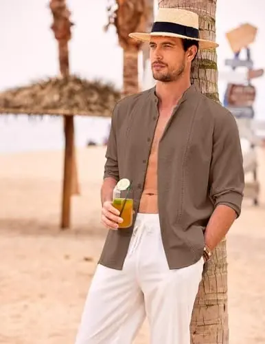 COOFANDY Men's Cuban Guayabera Shirts Casual Long Sleeve Button Down Shirts Band Collar Linen Summer Beach Shirts - 2