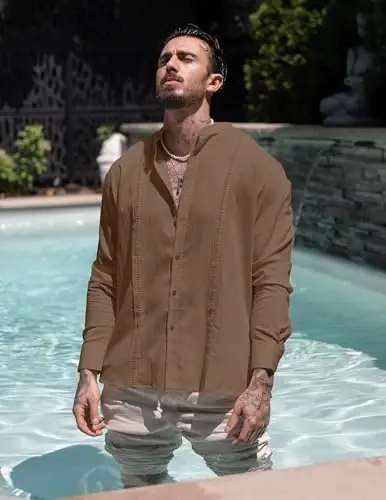 COOFANDY Men's Cuban Guayabera Shirts Casual Long Sleeve Button Down Shirts Band Collar Linen Summer Beach Shirts - 3