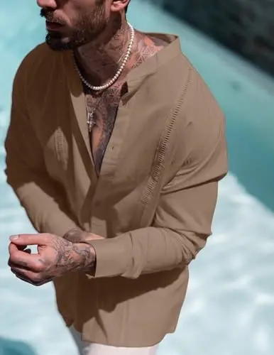 COOFANDY Men's Cuban Guayabera Shirts Casual Long Sleeve Button Down Shirts Band Collar Linen Summer Beach Shirts - 4