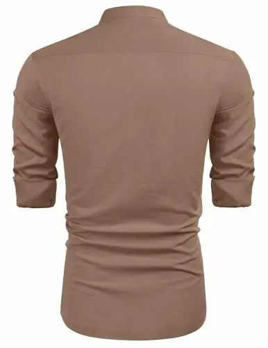 COOFANDY Men's Cuban Guayabera Shirts Casual Long Sleeve Button Down Shirts Band Collar Linen Summer Beach Shirts - 6