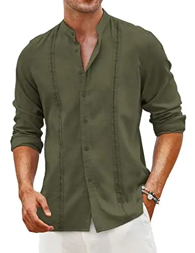 COOFANDY Men's Cuban Guayabera Shirts Casual Long Sleeve Button Down Shirts Band Collar Linen Summer Beach Shirts 