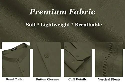 COOFANDY Men's Cuban Guayabera Shirts Casual Long Sleeve Button Down Shirts Band Collar Linen Summer Beach Shirts - 6