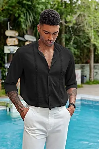 COOFANDY Men's Cuban Guayabera Shirts Casual Long Sleeve Button Down Shirts Band Collar Linen Summer Beach Shirts - 4