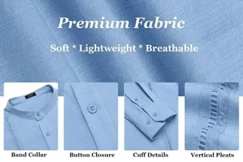 COOFANDY Men's Cuban Guayabera Shirts Casual Long Sleeve Button Down Shirts Band Collar Linen Summer Beach Shirts - 6