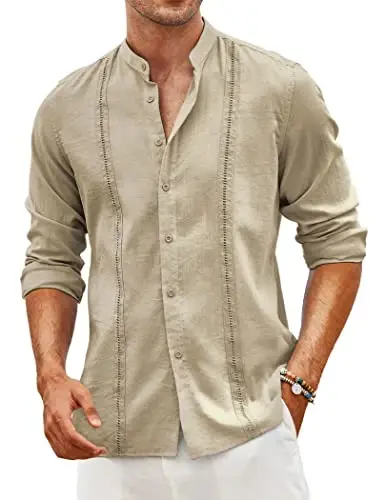 COOFANDY Men's Cuban Guayabera Shirts Casual Long Sleeve Button Down Shirts Band Collar Linen Summer Beach Shirts 