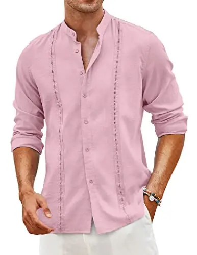 COOFANDY Men's Cuban Guayabera Shirts Casual Long Sleeve Button Down Shirts Band Collar Linen Summer Beach Shirts - 1