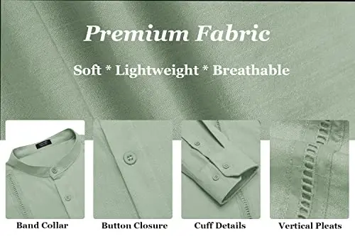 COOFANDY Men's Cuban Guayabera Shirts Casual Long Sleeve Button Down Shirts Band Collar Linen Summer Beach Shirts - 4