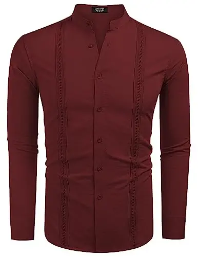 COOFANDY Men's Cuban Guayabera Shirts Casual Long Sleeve Button Down Shirts Band Collar Linen Summer Beach Shirts - 4