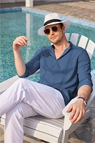 COOFANDY Men's Cuban Guayabera Shirts Casual Long Sleeve Button Down Shirts Band Collar Linen Summer Beach Shirts - 2