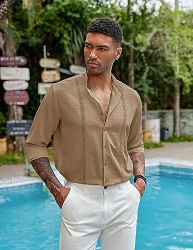 COOFANDY Men's Cuban Guayabera Shirts Casual Long Sleeve Button Down Shirts Band Collar Linen Summer Beach Shirts - 2