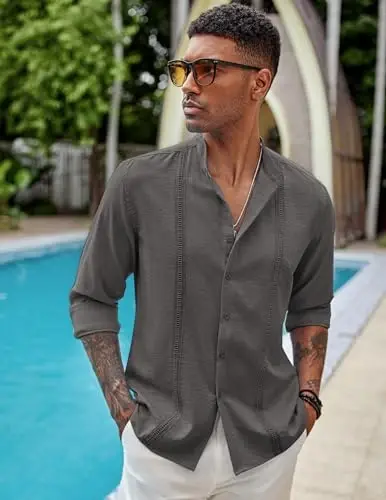 COOFANDY Men's Cuban Guayabera Shirts Casual Long Sleeve Button Down Shirts Band Collar Linen Summer Beach Shirts - 2