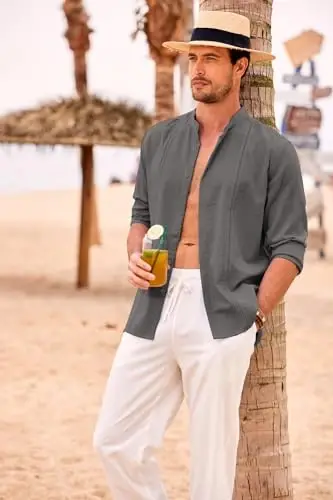 COOFANDY Men's Cuban Guayabera Shirts Casual Long Sleeve Button Down Shirts Band Collar Linen Summer Beach Shirts - 4