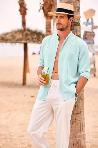 COOFANDY Men's Cuban Guayabera Shirts Casual Long Sleeve Button Down Shirts Band Collar Linen Summer Beach Shirts - 2