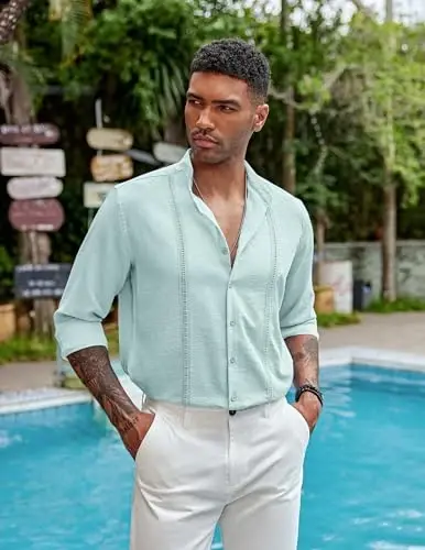 COOFANDY Men's Cuban Guayabera Shirts Casual Long Sleeve Button Down Shirts Band Collar Linen Summer Beach Shirts - 4
