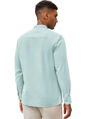 COOFANDY Men's Cuban Guayabera Shirts Casual Long Sleeve Button Down Shirts Band Collar Linen Summer Beach Shirts - 5