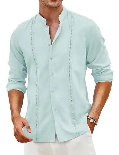 COOFANDY Men's Cuban Guayabera Shirts Casual Long Sleeve Button Down Shirts Band Collar Linen Summer Beach Shirts - 1
