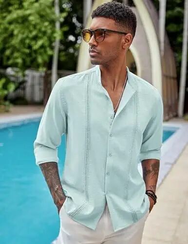 COOFANDY Men's Cuban Guayabera Shirts Casual Long Sleeve Button Down Shirts Band Collar Linen Summer Beach Shirts - 3