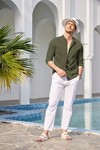 COOFANDY Men's Cuban Guayabera Shirts Casual Long Sleeve Button Down Shirts Band Collar Linen Summer Beach Shirts - 3