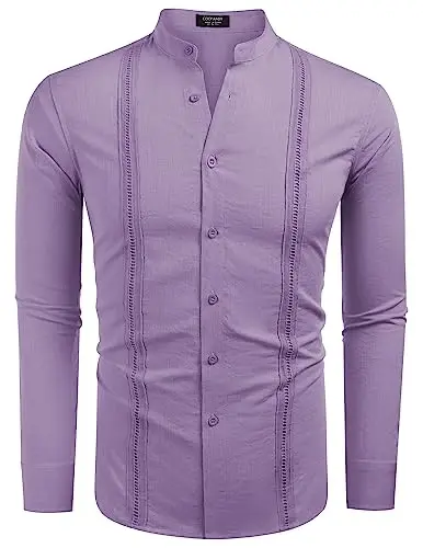 COOFANDY Men's Cuban Guayabera Shirts Casual Long Sleeve Button Down Shirts Band Collar Linen Summer Beach Shirts - 3