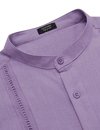 COOFANDY Men's Cuban Guayabera Shirts Casual Long Sleeve Button Down Shirts Band Collar Linen Summer Beach Shirts - 4