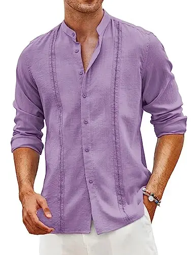 COOFANDY Men's Cuban Guayabera Shirts Casual Long Sleeve Button Down Shirts Band Collar Linen Summer Beach Shirts 