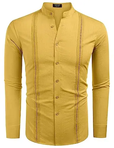 COOFANDY Men's Cuban Guayabera Shirts Casual Long Sleeve Button Down Shirts Band Collar Linen Summer Beach Shirts - 4