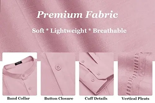 COOFANDY Men's Cuban Guayabera Shirts Casual Long Sleeve Button Down Shirts Band Collar Linen Summer Beach Shirts - 4