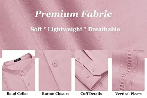 COOFANDY Men's Cuban Guayabera Shirts Casual Long Sleeve Button Down Shirts Band Collar Linen Summer Beach Shirts - 4