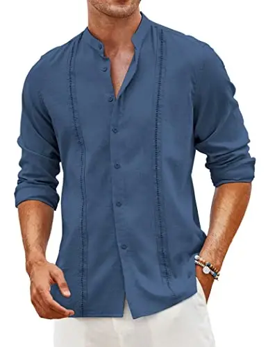 COOFANDY Men's Cuban Guayabera Shirts Casual Long Sleeve Button Down Shirts Band Collar Linen Summer Beach Shirts 