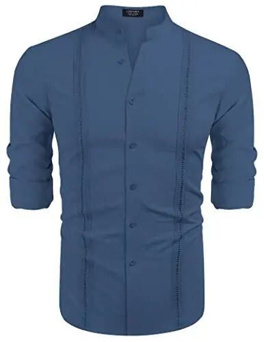 COOFANDY Men's Cuban Guayabera Shirts Casual Long Sleeve Button Down Shirts Band Collar Linen Summer Beach Shirts - 4