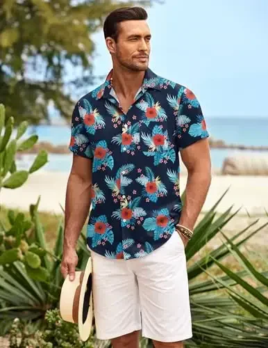COOFANDY Mens Gavayi ko'ylagi Qisqa yengli tugmachali ko'ylaklar Tropik yozgi plyaj ko'ylaklari Kundalik gul Aloha ko'ylaklari - 3
