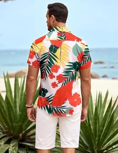COOFANDY Mens Gavayi ko'ylagi qisqa yengli tugmali ko'ylaklar tropik yozgi plyaj ko'ylaklari tasodifiy gul naqshli Aloha ko'ylaklari - 4