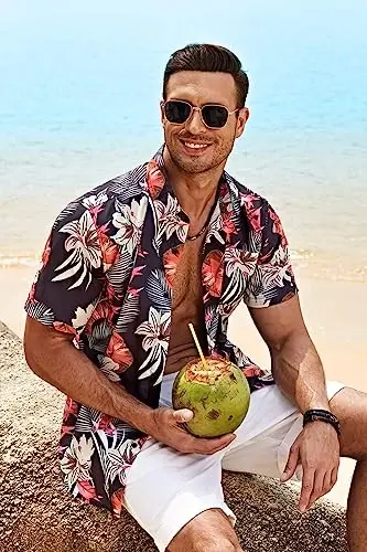 COOFANDY Mens Hawaiian Tropical Shirt Short Sleeve Casual Button Down Floral Summer Beach Shirts with Pocket - 3